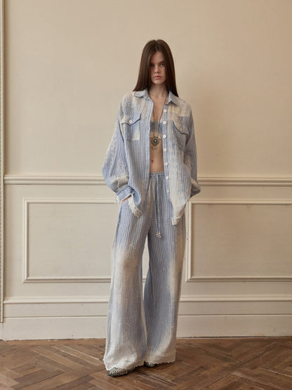 Washed Vertical Striped Shirt & Straight-Leg Pants & Bra【s0000015999】