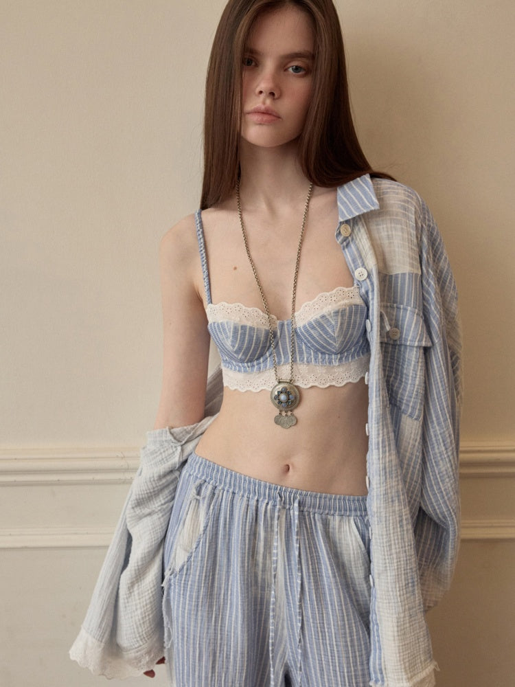 Washed Vertical Striped Shirt & Straight-Leg Pants & Bra【s0000015999】