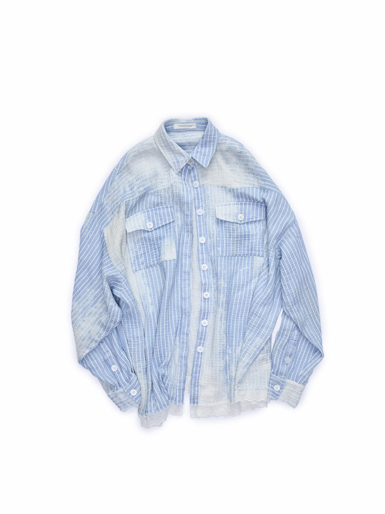Washed Vertical Striped Shirt & Straight-Leg Pants & Bra【s0000015999】