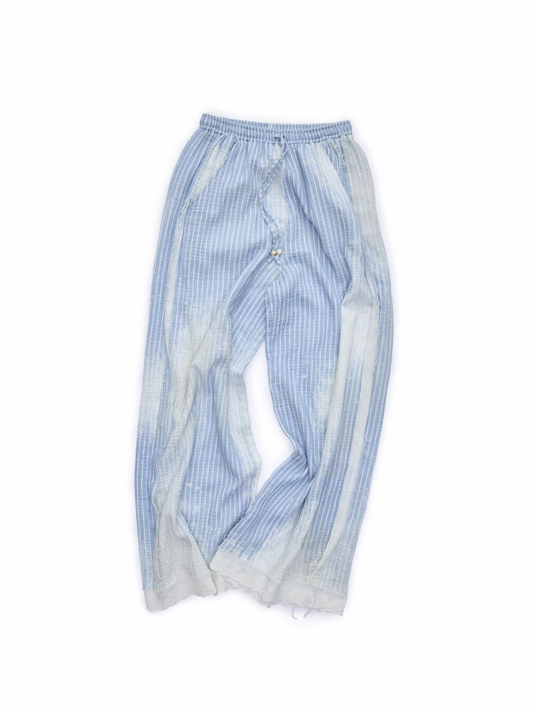 Washed Vertical Striped Shirt & Straight-Leg Pants & Bra【s0000015999】