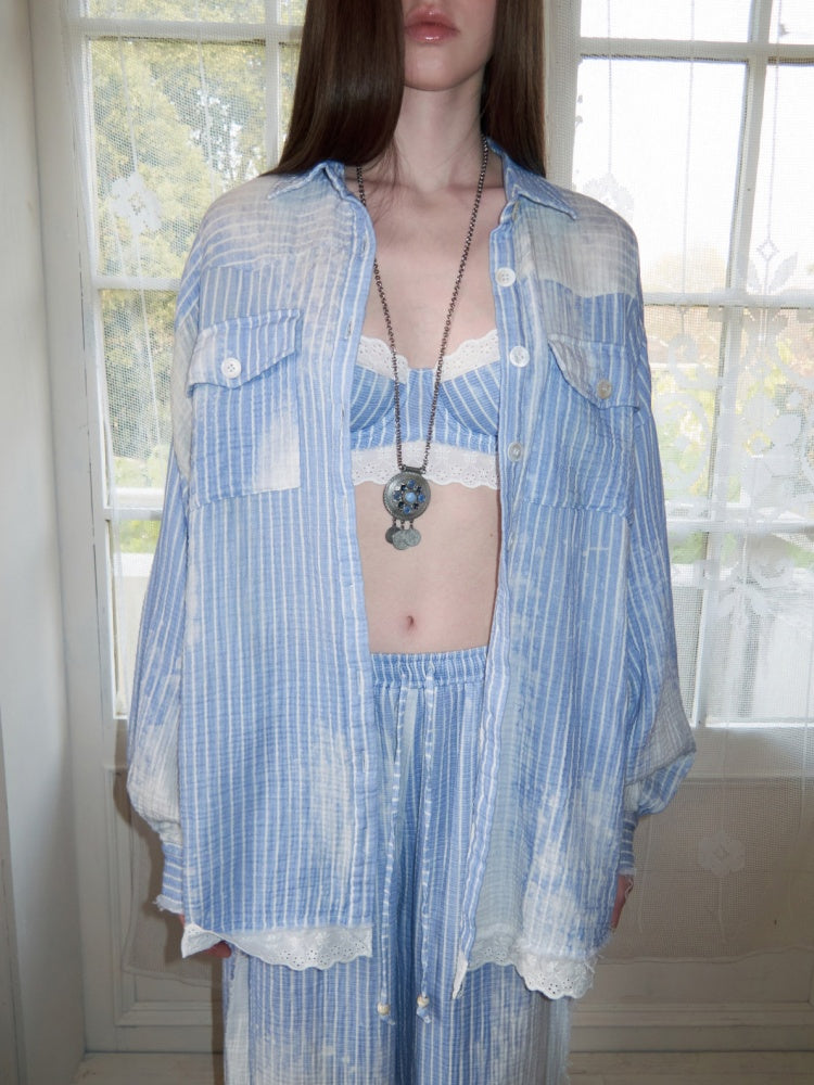 Washed Vertical Striped Shirt & Straight-Leg Pants & Bra【s0000015999】