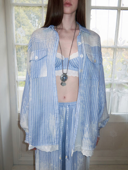 Washed Vertical Striped Shirt & Straight-Leg Pants & Bra【s0000015999】