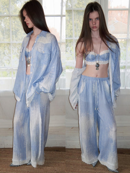 Washed Vertical Striped Shirt & Straight-Leg Pants & Bra【s0000015999】