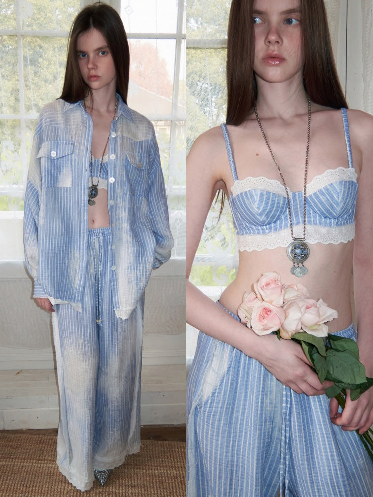 Washed Vertical Striped Shirt & Straight-Leg Pants & Bra【s0000015999】