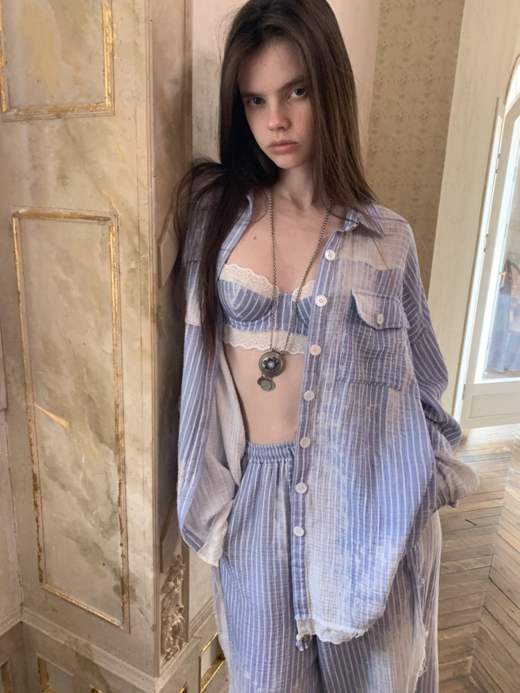 Washed Vertical Striped Shirt & Straight-Leg Pants & Bra【s0000015999】
