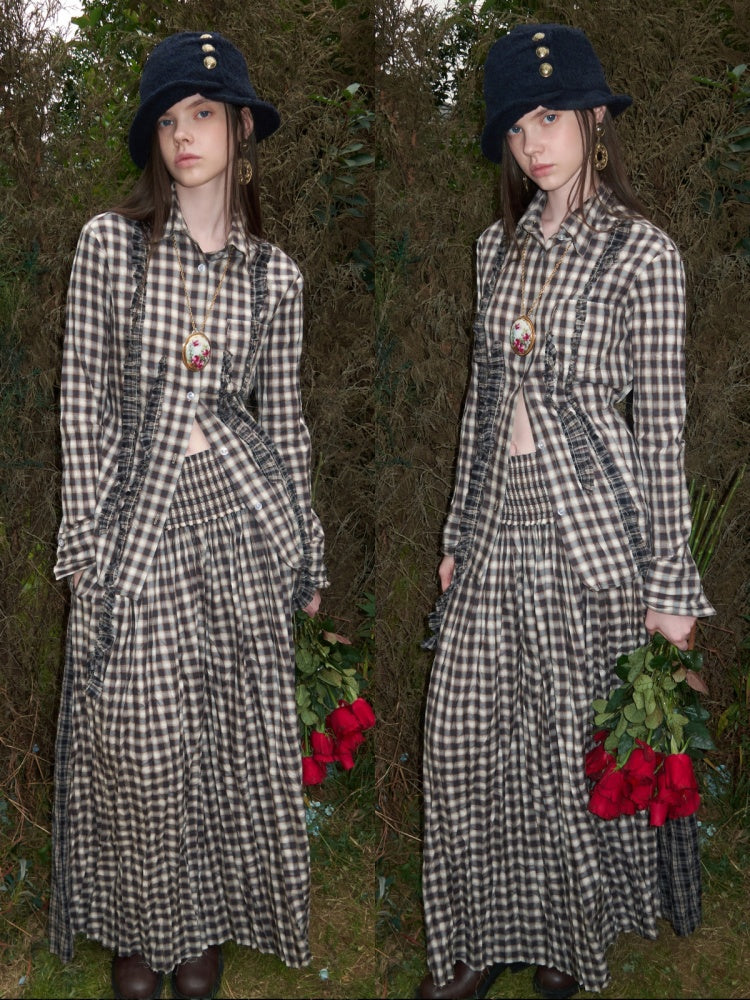 Patchwork Ruffle Pleated Shirt & Contrast Plaid Maxi Skirt【s0000016000】