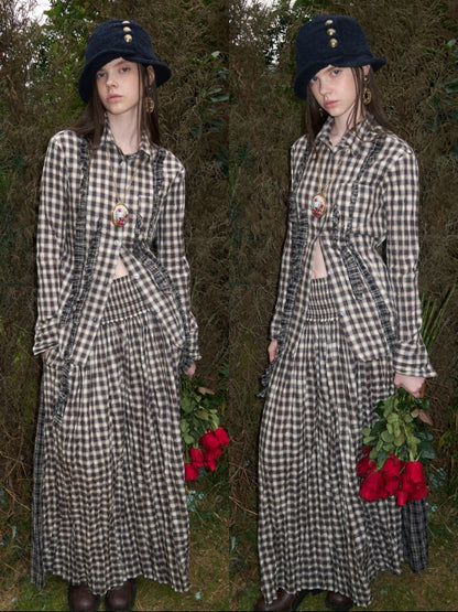 Patchwork Ruffle Pleated Shirt & Contrast Plaid Maxi Skirt【s0000016000】