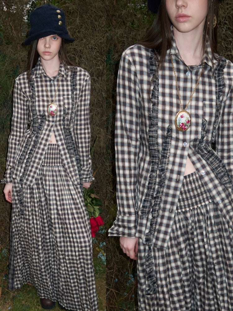 Patchwork Ruffle Pleated Shirt & Contrast Plaid Maxi Skirt【s0000016000】