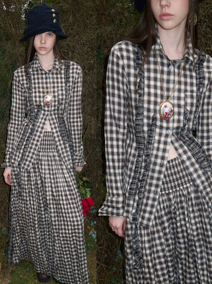 Patchwork Ruffle Pleated Shirt & Contrast Plaid Maxi Skirt【s0000016000】