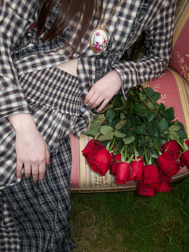Patchwork Ruffle Pleated Shirt & Contrast Plaid Maxi Skirt【s0000016000】
