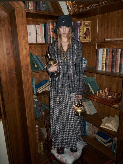 Patchwork Ruffle Pleated Shirt & Contrast Plaid Maxi Skirt【s0000016000】