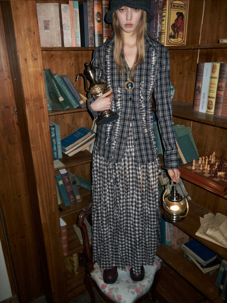 Patchwork Ruffle Pleated Shirt & Contrast Plaid Maxi Skirt【s0000016000】