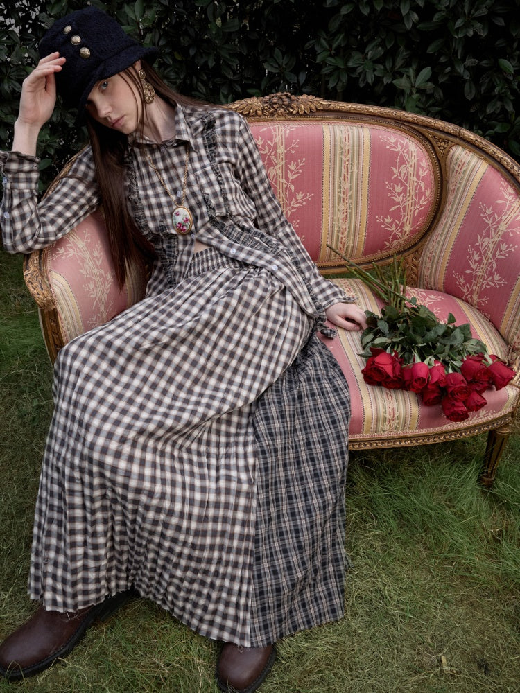Patchwork Ruffle Pleated Shirt & Contrast Plaid Maxi Skirt【s0000016000】