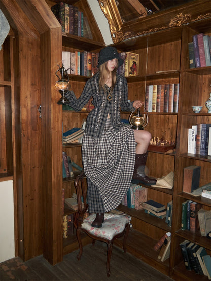 Patchwork Ruffle Pleated Shirt & Contrast Plaid Maxi Skirt【s0000016000】
