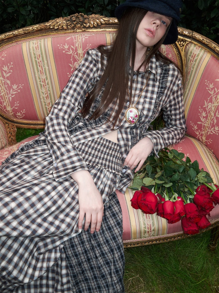 Patchwork Ruffle Pleated Shirt & Contrast Plaid Maxi Skirt【s0000016000】