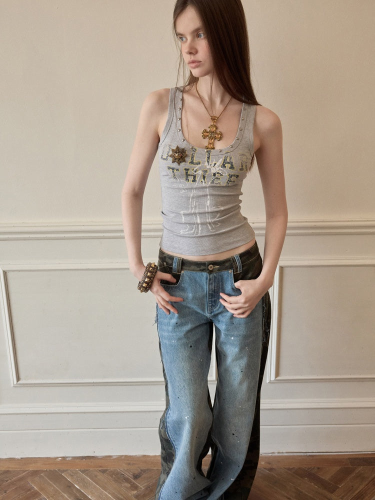 American Letter Animal Print U-Neck Tank Top【s0000016001】