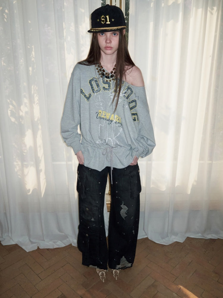 Alphabet Animal Print Slanted Shoulder Drawstring Sweatshirt【s0000016002】