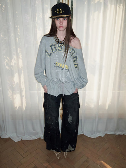Alphabet Animal Print Slanted Shoulder Drawstring Sweatshirt【s0000016002】