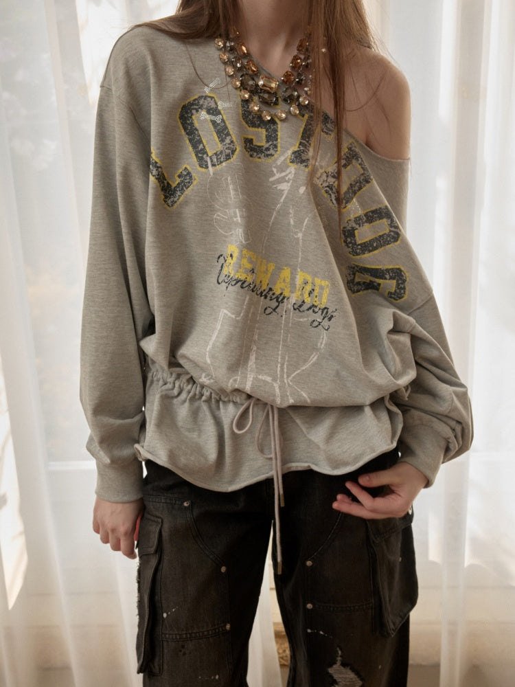 Alphabet Animal Print Slanted Shoulder Drawstring Sweatshirt【s0000016002】