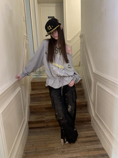 Alphabet Animal Print Slanted Shoulder Drawstring Sweatshirt【s0000016002】