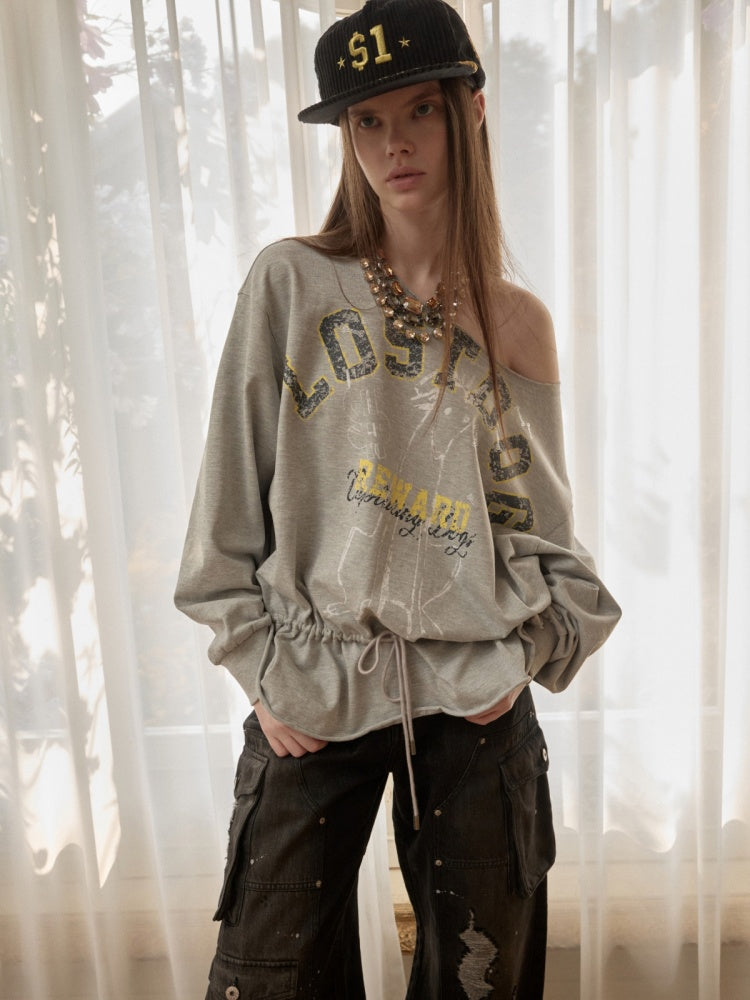 Alphabet Animal Print Slanted Shoulder Drawstring Sweatshirt【s0000016002】
