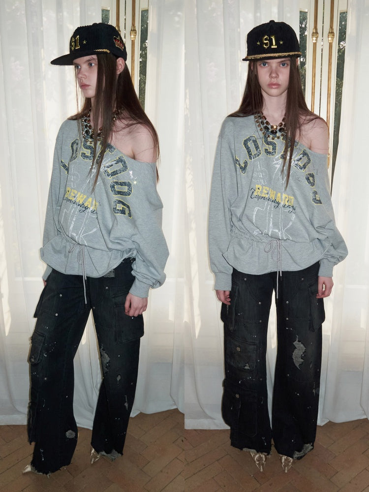 Alphabet Animal Print Slanted Shoulder Drawstring Sweatshirt【s0000016002】