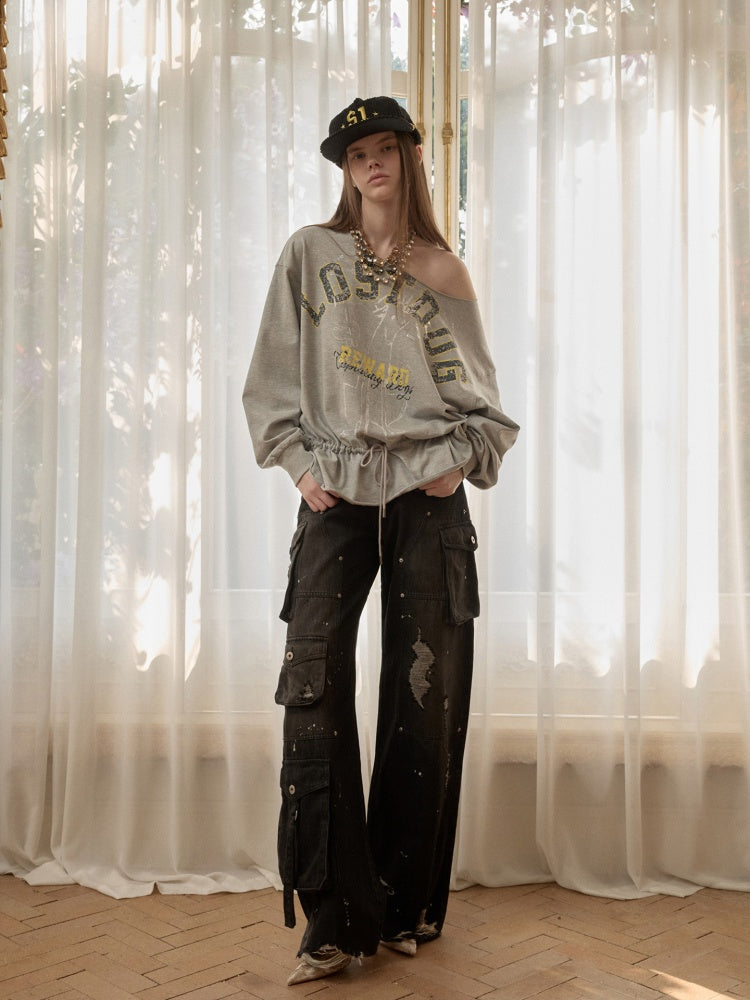 Alphabet Animal Print Slanted Shoulder Drawstring Sweatshirt【s0000016002】