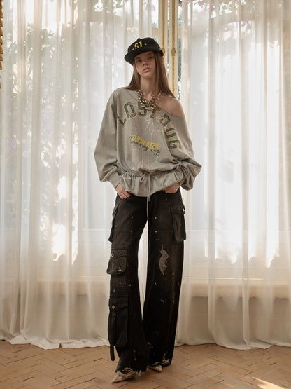Alphabet Animal Print Slanted Shoulder Drawstring Sweatshirt【s0000016002】