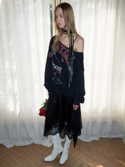 Alphabet Animal Print Slanted Shoulder Drawstring Sweatshirt【s0000016002】
