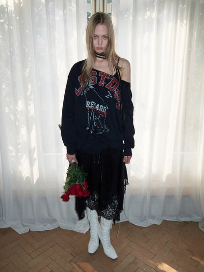 Alphabet Animal Print Slanted Shoulder Drawstring Sweatshirt【s0000016002】