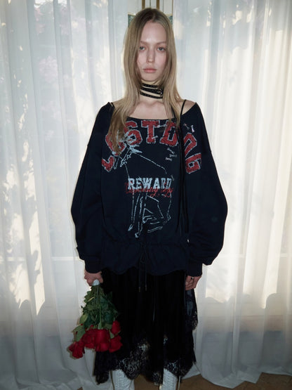 Alphabet Animal Print Slanted Shoulder Drawstring Sweatshirt【s0000016002】