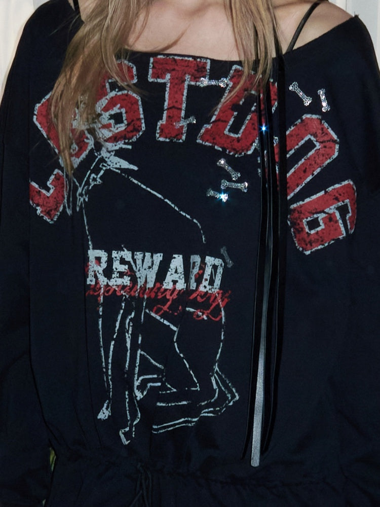 Alphabet Animal Print Slanted Shoulder Drawstring Sweatshirt【s0000016002】