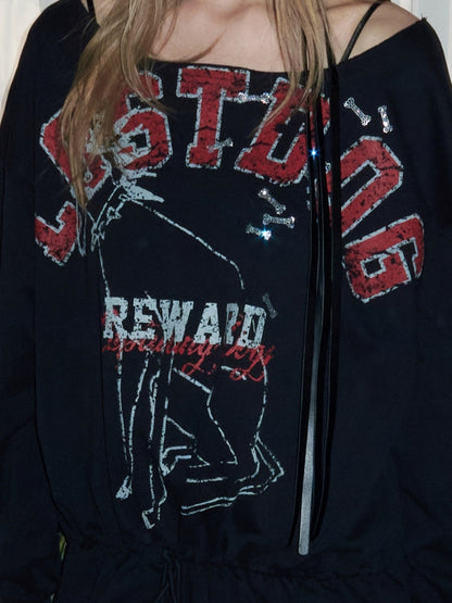 Alphabet Animal Print Slanted Shoulder Drawstring Sweatshirt【s0000016002】