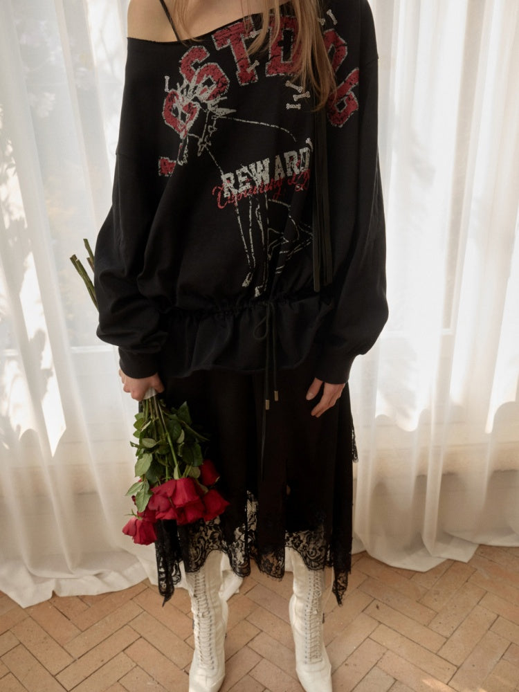 Alphabet Animal Print Slanted Shoulder Drawstring Sweatshirt【s0000016002】