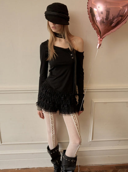 Henry Collar Diagonal Placket Lace Long Sleeve Tops【s0000016003】