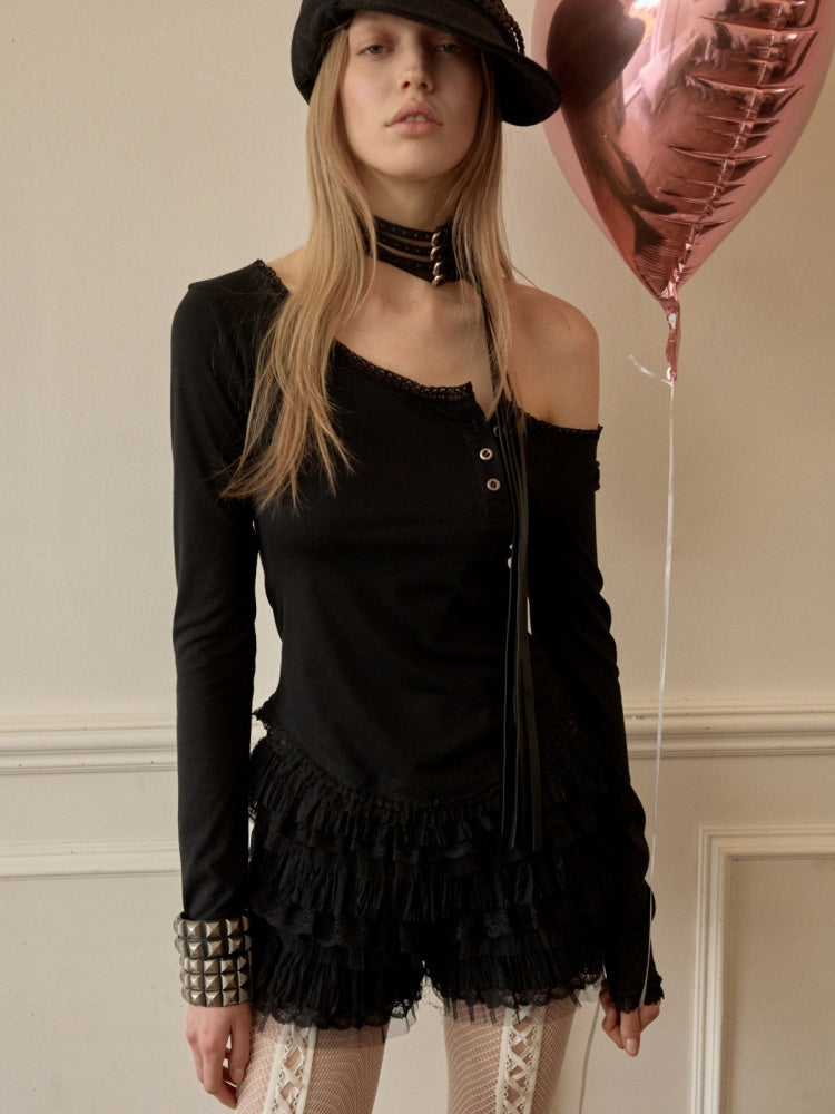 Henry Collar Diagonal Placket Lace Long Sleeve Tops【s0000016003】