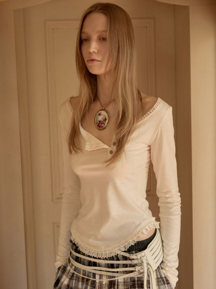 Henry Collar Diagonal Placket Lace Long Sleeve Tops【s0000016003】