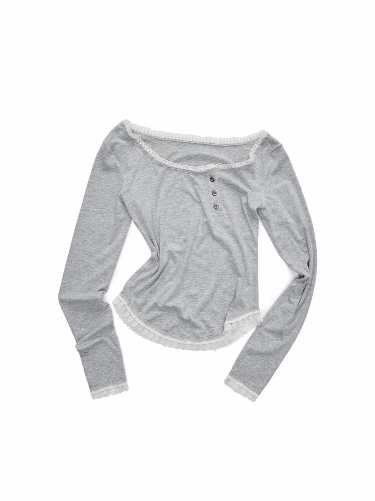 Henry Collar Diagonal Placket Lace Long Sleeve Tops【s0000016003】