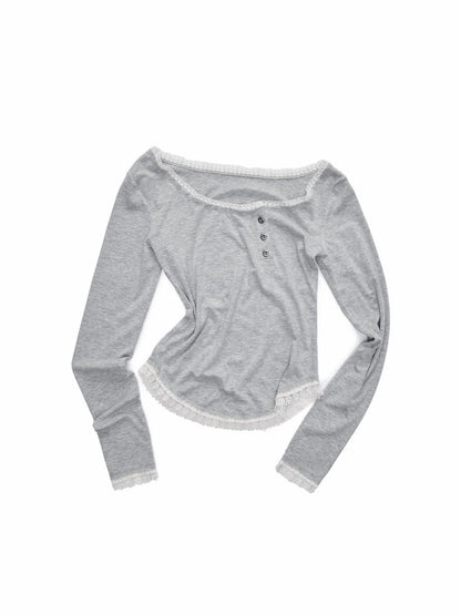 Henry Collar Diagonal Placket Lace Long Sleeve Tops【s0000016003】
