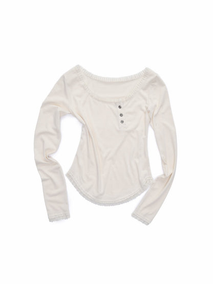 Henry Collar Diagonal Placket Lace Long Sleeve Tops【s0000016003】