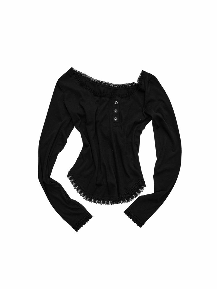 Henry Collar Diagonal Placket Lace Long Sleeve Tops【s0000016003】