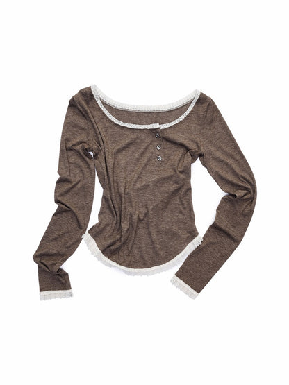 Henry Collar Diagonal Placket Lace Long Sleeve Tops【s0000016003】