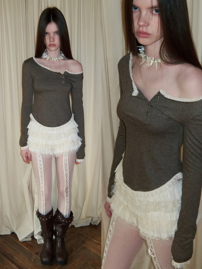 Henry Collar Diagonal Placket Lace Long Sleeve Tops【s0000016003】