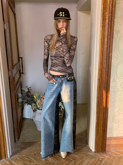 Vintage Camouflage Lace Print Badge Slim Skin Tops【s0000016004】