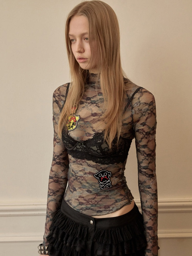 Vintage Camouflage Lace Print Badge Slim Skin Tops【s0000016004】