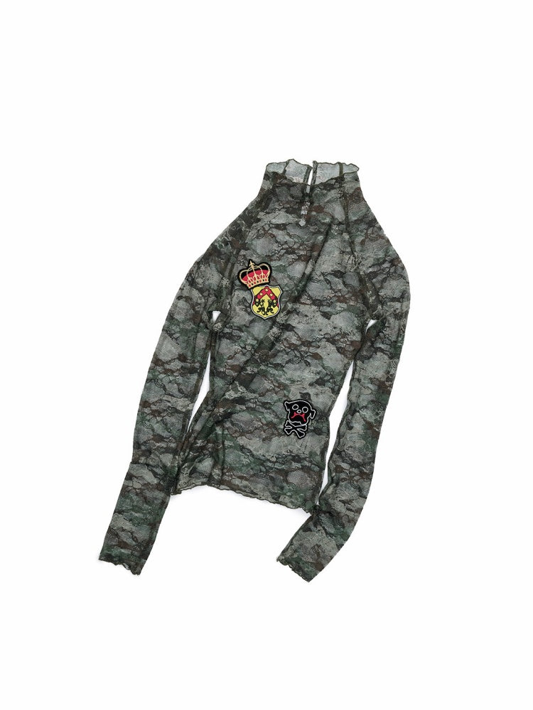 Vintage Camouflage Lace Print Badge Slim Skin Tops【s0000016004】