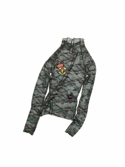 Vintage Camouflage Lace Print Badge Slim Skin Tops【s0000016004】