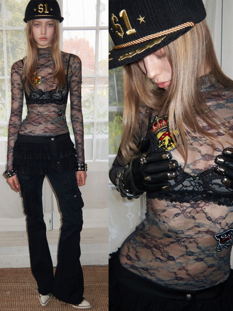 Vintage Camouflage Lace Print Badge Slim Skin Tops【s0000016004】