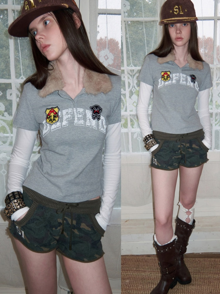 Faux Layered Polo Bunny Fur Collar Badge Long Sleeve Tops【s0000016005】