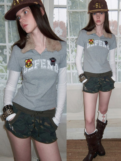 Faux Layered Polo Bunny Fur Collar Badge Long Sleeve Tops【s0000016005】